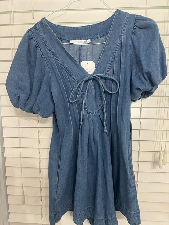 Altar'd State Light Blue Denim Romper with Tie Detail - Picture 2 of 4